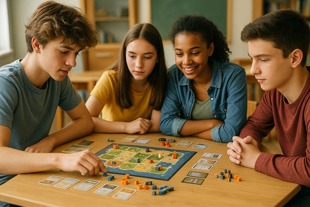 Jeux éducatifs pour adolescents (12–15 ans) Groupe d’adolescents concentrés autour d’un jeu de stratégie éducatif sur table, ambiance lumineuse et conviviale, style photo réaliste, décor scolaire ou familial.