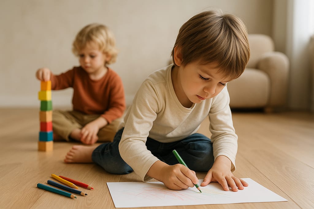 Comment choisir des activités selon le profil de l’enfant (créatif, moteur, calme) Un enfant dessine au sol pendant qu’un autre construit une tour, illustrant deux profils d’apprentissage différents.