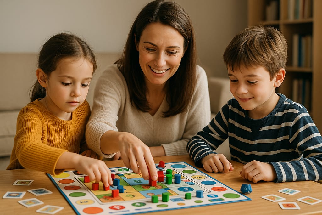 Comment choisir des jeux de société pédagogiques : le guide complet pour allier plaisir et apprentissage Une mère et son enfant jouent à un jeu de société pédagogique sur une table en bois, dans une ambiance calme et lumineuse.