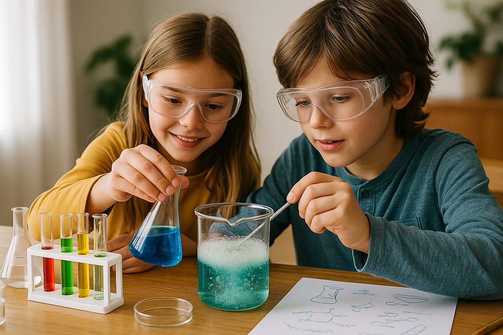 Test des kits scientifiques pour enfants : quels sont les meilleurs pour apprendre en s’amusant ? Deux enfants réalisent une expérience scientifique avec un kit de chimie, concentrés et émerveillés.