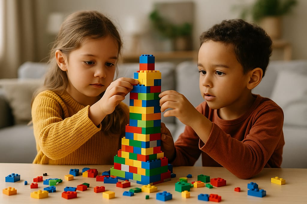 Comparatif des jeux de construction (LEGO, Kapla, jeux magnétiques) : quels bénéfices éducatifs selon l’âge ? Deux enfants construisent ensemble une tour avec des pièces LEGO colorées, moment de concentration partagée.