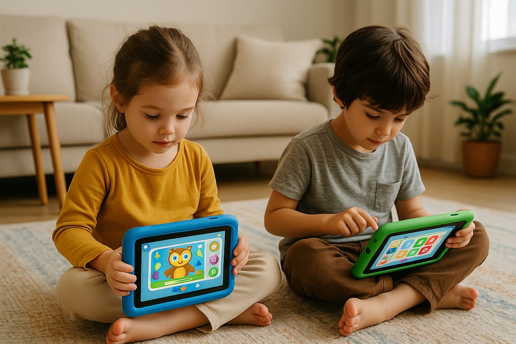 Test des meilleures applications éducatives gratuites pour enfants Deux enfants installés sur un tapis, chacun concentré sur une tablette éducative, dans un environnement lumineux et apaisant.
