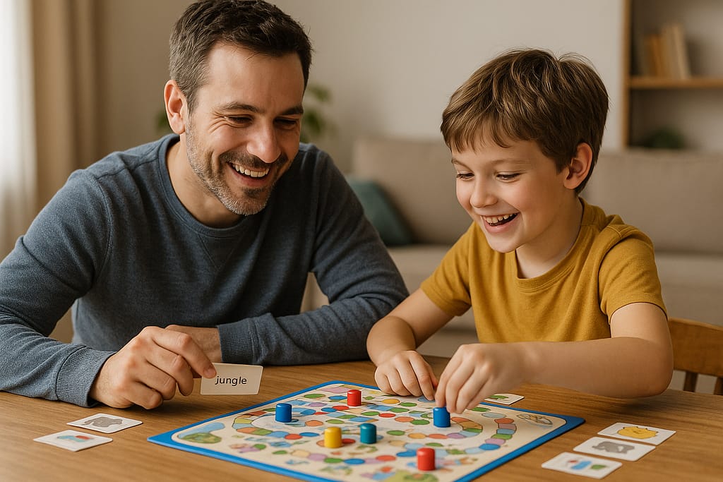 Comparatif des jeux de société parent-enfant qui favorisent l’apprentissage Un parent et un enfant souriants en pleine partie de jeu de société, autour d’une table en bois, ambiance chaleureuse