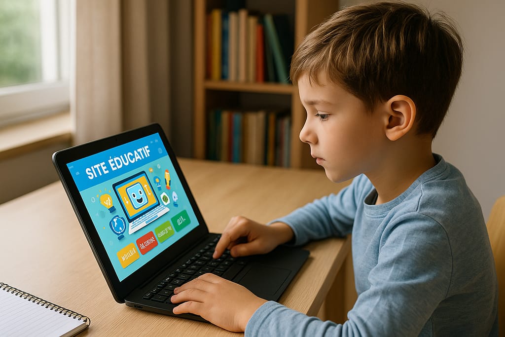 Les meilleurs sites éducatifs gratuits pour enfants Un enfant de 7–9 ans assis devant un ordinateur portable ou une tablette, concentré, découvrant un site éducatif coloré (ambiance naturelle, bureau rangé, lumière du jour)