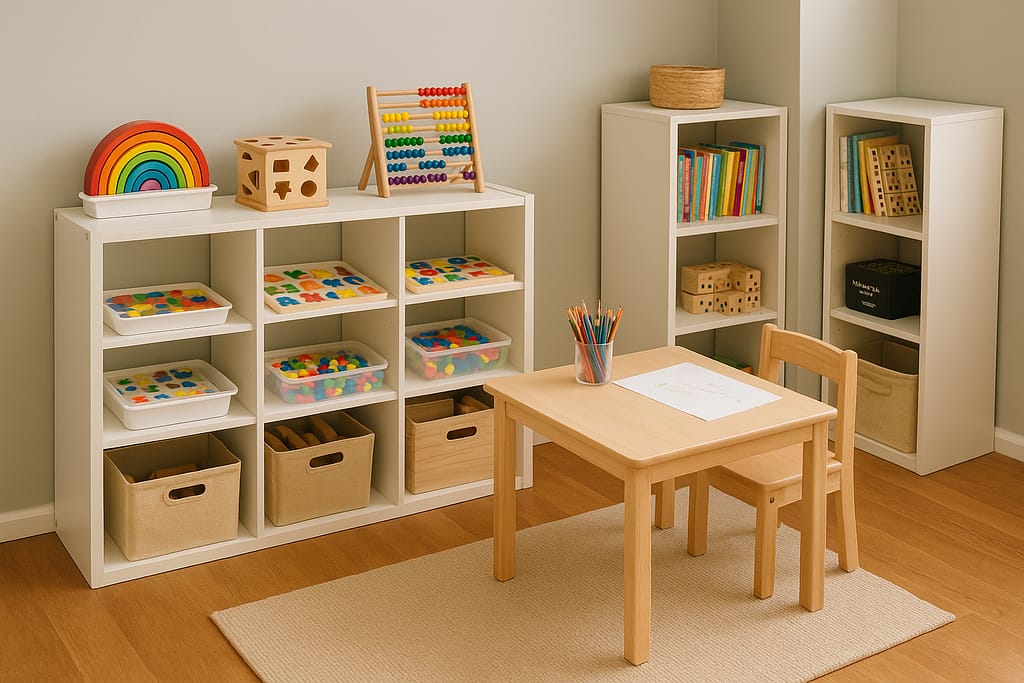 Aménager un coin jeu éducatif à la maison : conseils et astuces Coin jeu éducatif à la maison avec étagères, jeux classés et espace créatif pour enfant