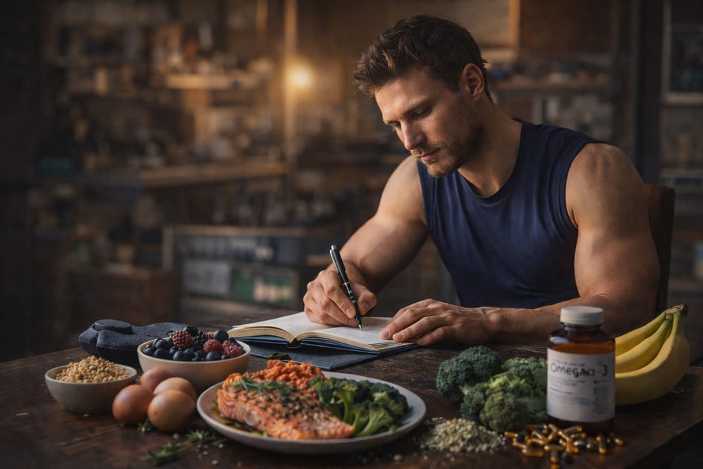 Gestion du stress chez le sportif : quels nutriments pour mieux récupérer et performer ? Sportif après entraînement préparant un repas riche en magnésium, vitamines B et oméga-3 pour réduire le stress et améliorer la récupération.