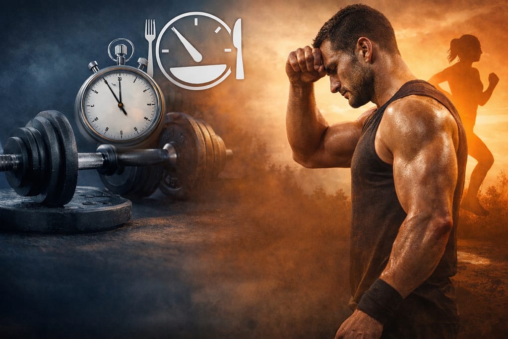 Jeûne intermittent et sport : comment l’adapter à l’entraînement sans perdre performance ni muscle Un(e) sportif(ve) prépare un repas post-entraînement équilibré dans une cuisine : assiette avec protéines + féculent + légumes, montre connectée posée à côté, lumière naturelle.