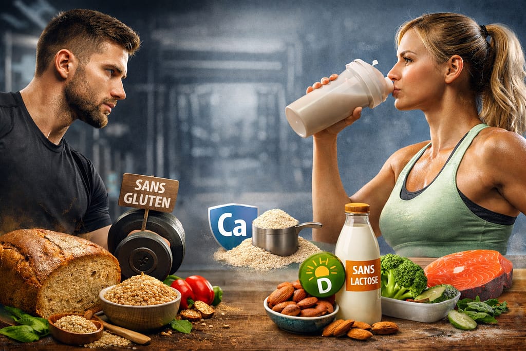 Sportifs sans gluten et sans lactose : éviter les carences et optimiser ses repas sans perdre en performance Repas post-entraînement sans gluten et sans lactose riche en protéines, glucides et calcium