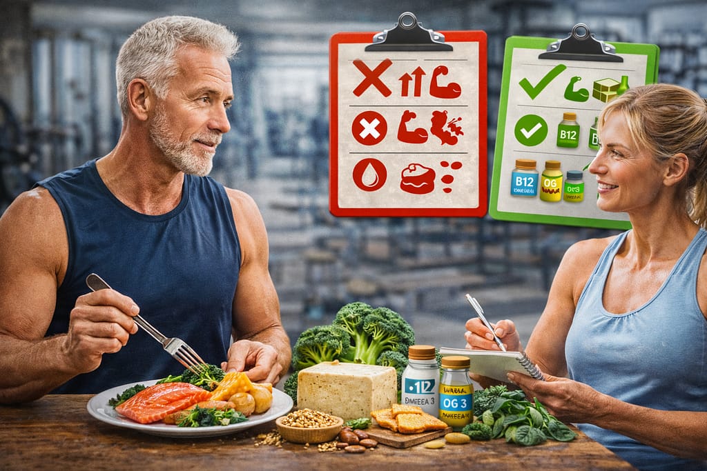 Nutrition sportive après 50 ans : comment adapter son alimentation pour rester fort et récupérer photo réaliste d’un senior sportif préparant un repas post-séance (assiette : saumon ou tofu + pommes de terre + légumes).