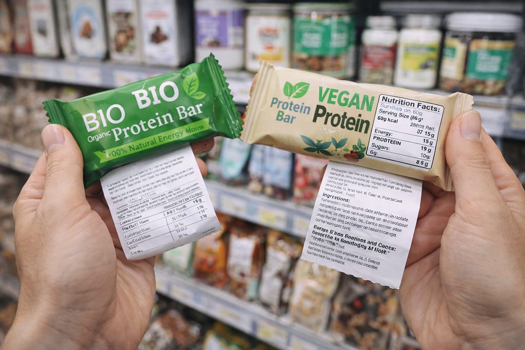 Produits bio, naturels et vegan : comment reconnaître un bon produit sportif Comparer une barre protéinée bio et une barre vegan en lisant la liste d’ingrédients et le tableau nutritionnel