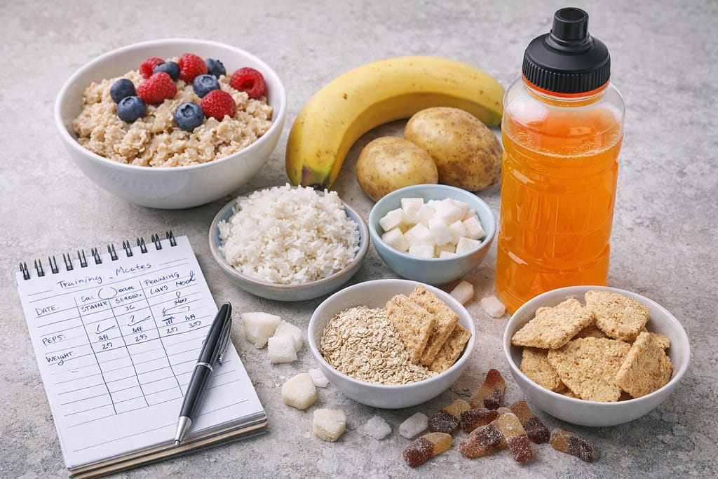 Index glycémique et charge glycémique : comment choisir ses glucides quand on fait du sport photo réaliste d’un bol flocons d’avoine + fruits, une banane, du riz/pommes de terre, une boisson d’effort, posés près d’un carnet d’entraînement.