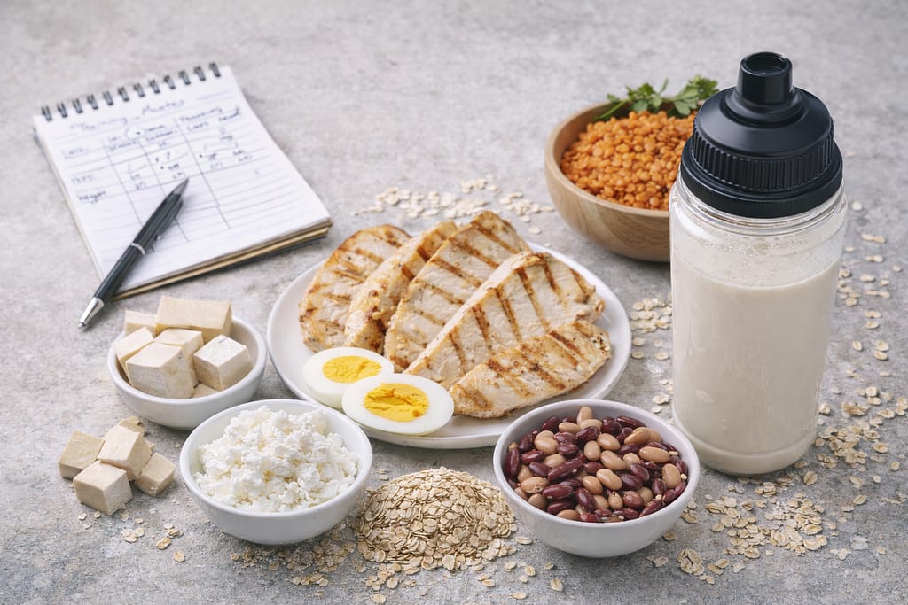 Combien de protéines par repas pour un sportif ? Quantités idéales et erreurs fréquentes plateau “repas sportif” (œufs/yaourt/fromage blanc ou tofu, légumineuses, flocons d’avoine, filet de poulet/poisson ou tempeh), plus un shaker neutre et un carnet d’entraînement.
