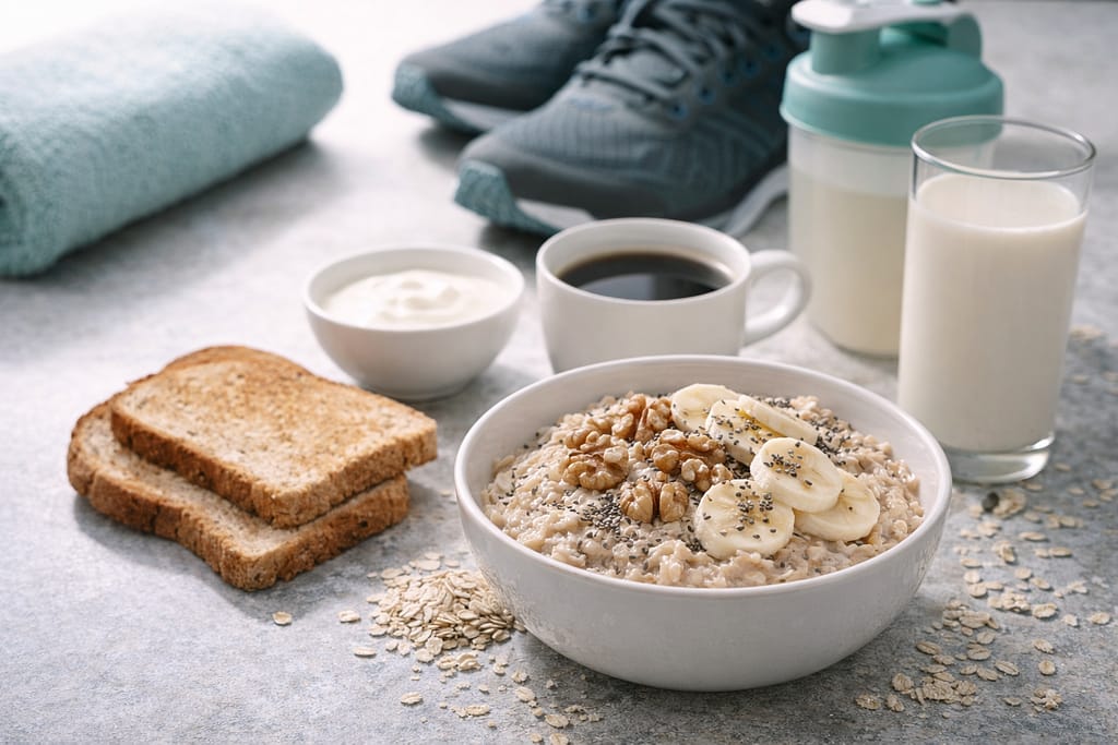 Faut-il manger avant le sport le matin ? Avantages, risques et solutions pratiques photo réaliste “matin sportif” : bol d’avoine/banane, yaourt ou boisson végétale, tartines, café, une tenue de sport et une gourde sur une table lumineuse.