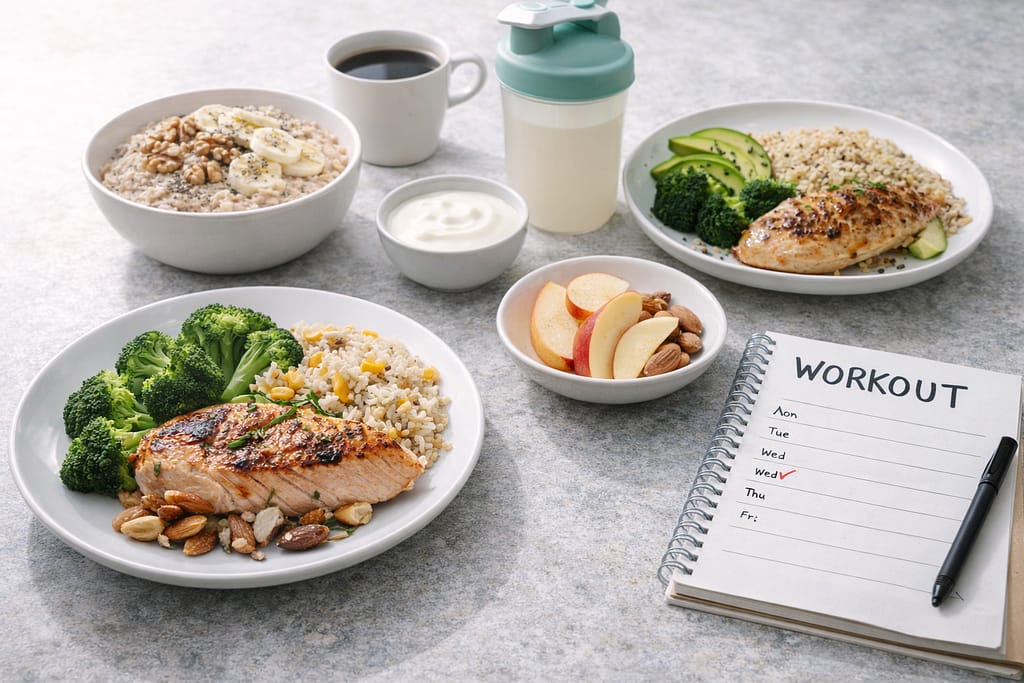 Fréquence des repas chez le sportif : 2, 3, 5 repas ou plus ? table de cuisine lumineuse avec 3–4 assiettes/bols “type” (petit-déj, déjeuner, collation, dîner), gourde, carnet d’entraînement, aliments simples.