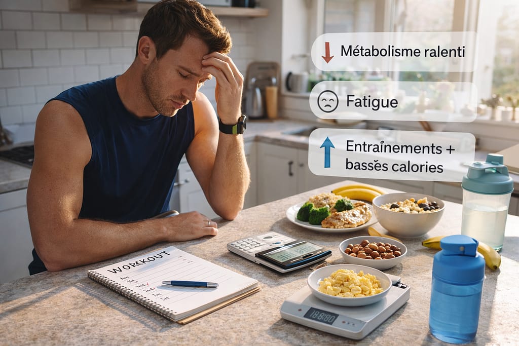 Nutrition et métabolisme de base : comment éviter de le ralentir quand on s’entraîne beaucoup photo réaliste d’un sportif/sportive à la cuisine, petit-déjeuner simple (avoine/banane/yaourt ou tofu), carnet d’entraînement, gourde, lumière du matin.