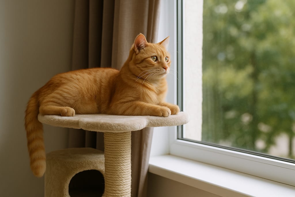 Bien s’occuper d’un chat d’intérieur (stimulation, santé, enrichissement) chat détendu sur un arbre à chat près d’une fenêtre.