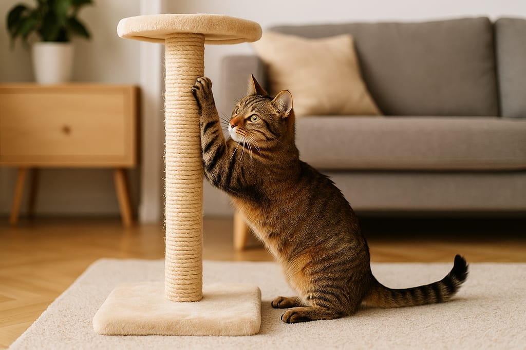 Comment éviter griffures et marquages dans la maison chat utilisant un griffoir dans un salon moderne.
