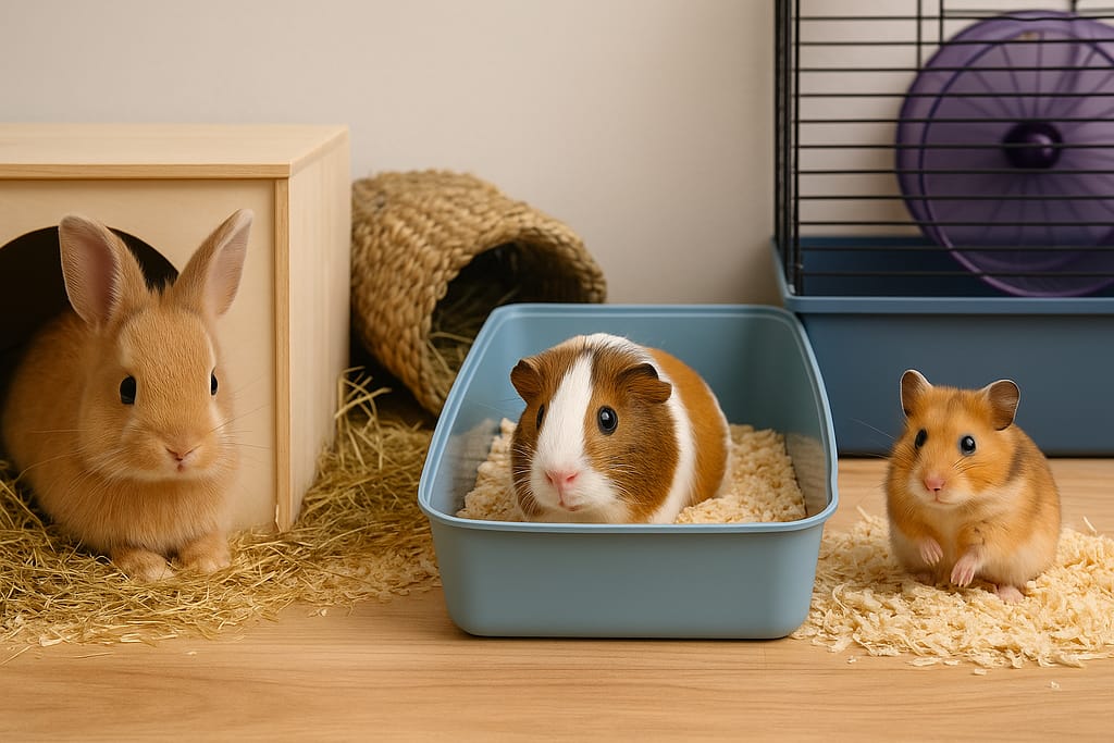 Soins de base pour lapins, cochons d’Inde et hamsters un lapin, un cochon d’Inde et un hamster côte à côte, chacun dans un espace adapté.