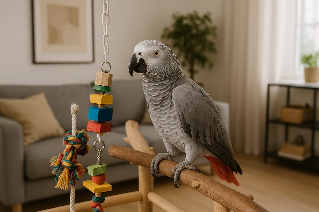 Oiseaux de compagnie : quelles espèces choisir et comment bien s’en occuper perroquet gris du Gabon posé sur un perchoir dans un salon moderne, jouets colorés en arrière-plan.