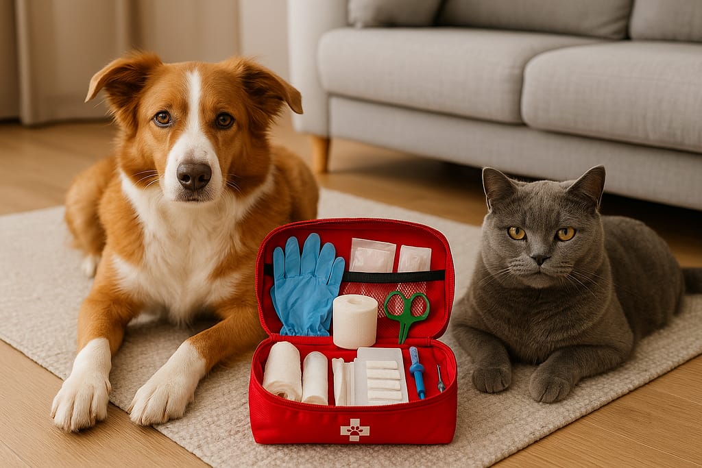 Trousse de secours pour animaux : indispensables à avoir chez soi un chien et un chat couchés côte à côte, à côté d’une petite trousse de secours ouverte avec compresses, gants et pince à tique visibles.