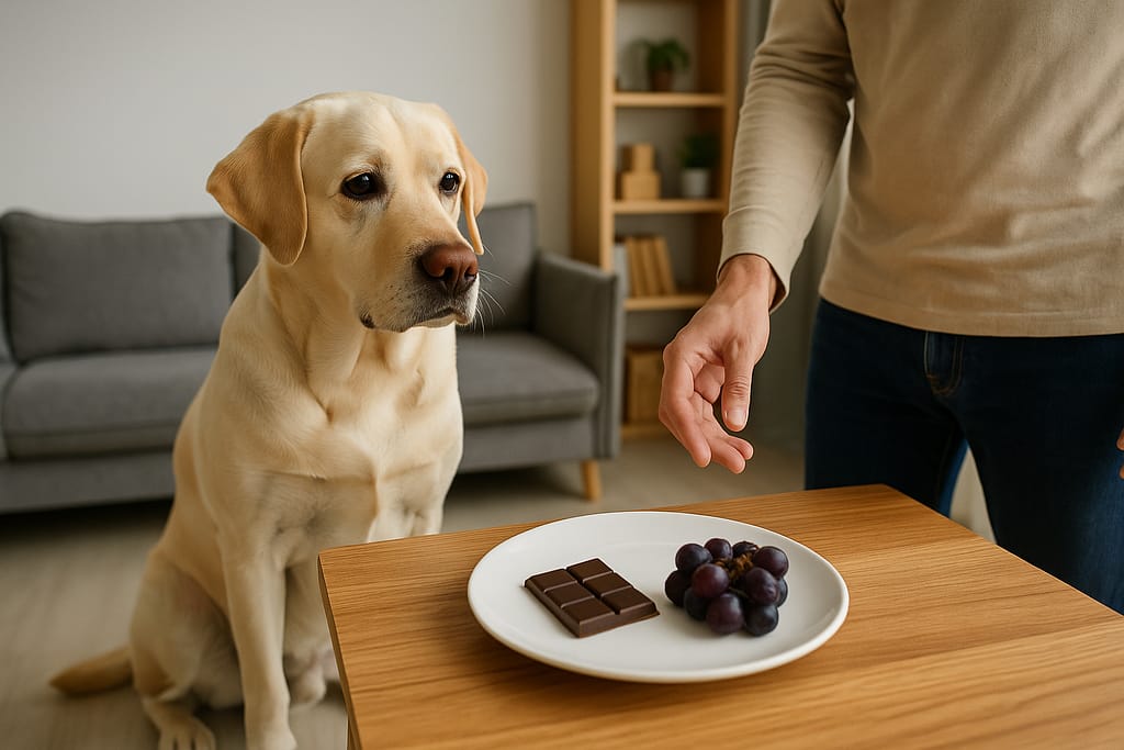 Aliments toxiques pour chiens et chats : ceux à éviter absolument un chien assis devant une table avec du chocolat et des raisins hors de portée, tandis que son maître retire l’assiette.