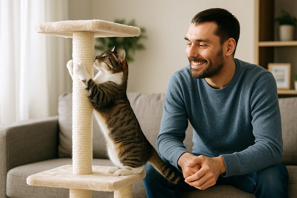 Problèmes de comportement chez le chat : causes et solutions pratiques un chat jouant sur un arbre à chat dans un salon, pendant que son maître le regarde sourire, soulagé qu’il n’abîme plus le canapé.