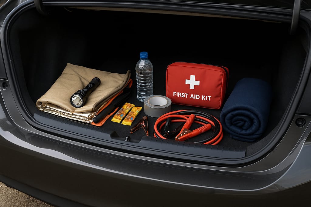 Préparer un kit de survie pour la voiture (checklist) coffre de voiture ouvert, montrant un kit de survie bien organisé (couverture, lampe, câbles de démarrage, bouteille d’eau, trousse premiers secours)