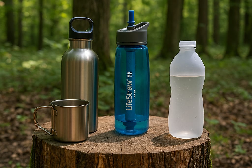 Quelle gourde de survie choisir ? Comparatif et conseils trois gourdes différentes (inox, filtrante, souple) alignées sur une souche en forêt