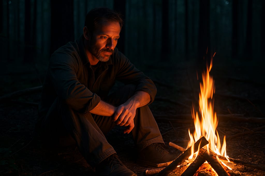 7 techniques de survie mentale en situation d’isolement une personne seule assise près d’un feu de camp, le regard calme et concentré.