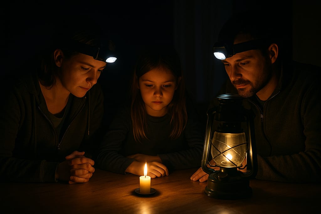 Survivre à une coupure d’électricité prolongée : stratégies pour tenir plusieurs jours une maison plongée dans le noir, éclairée par des lampes frontales et une bougie, ambiance réaliste (pas stylisée).
