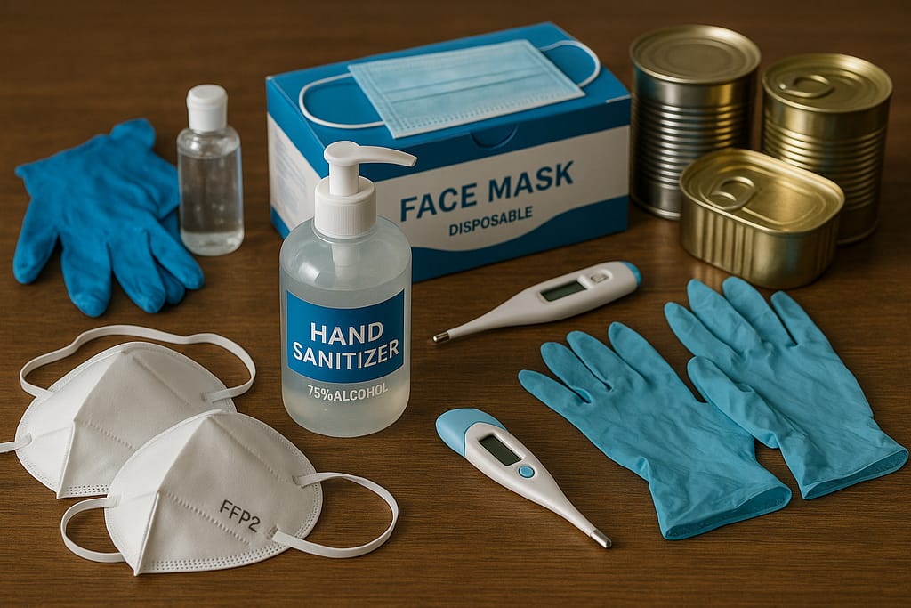 Comment préparer un “kit pandémie” après les leçons du Covid un kit pandémie posé sur une table (masques FFP2, gants, gel hydroalcoolique, thermomètre, gants jetables et boîtes de conserve visibles).