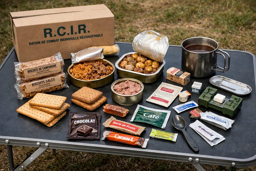 Top 5 des rations de survie longue conservation (test & avis) Ration militaire RCIR française ouverte avec plats, biscuits, boisson chaude et accessoires sur une table de camping.