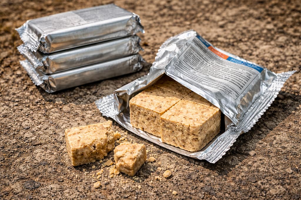 Top 5 des rations de survie longue conservation (test & avis) Ration d’urgence compacte (biscuit hypercalorique) entamée, emballage hermétique sur une surface sèche.