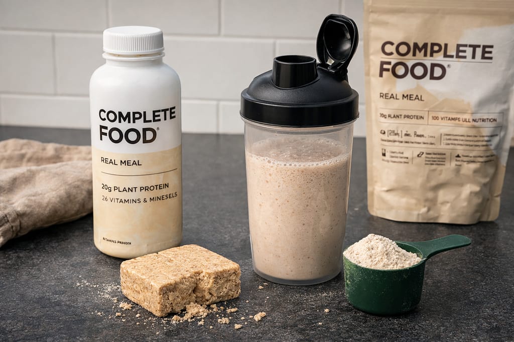 Top 5 des rations de survie longue conservation (test & avis) Repas liquide complet prêt à boire et poudre nutritionnelle avec shaker sur un plan de travail.