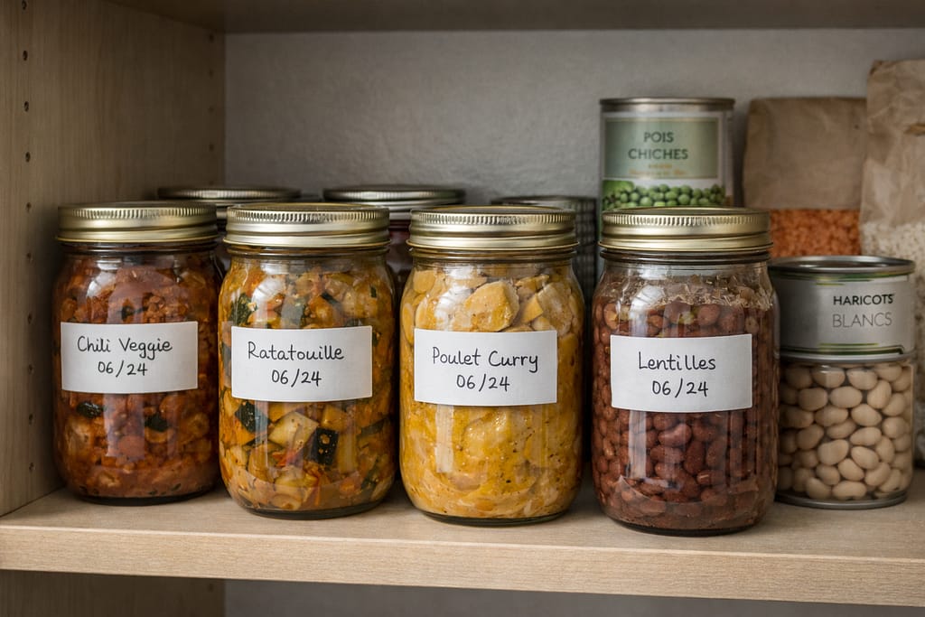 Top 5 des rations de survie longue conservation (test & avis) Bocaux stérilisés maison étiquetés (date et contenu) alignés dans un placard, conserves et légumineuses à côté.