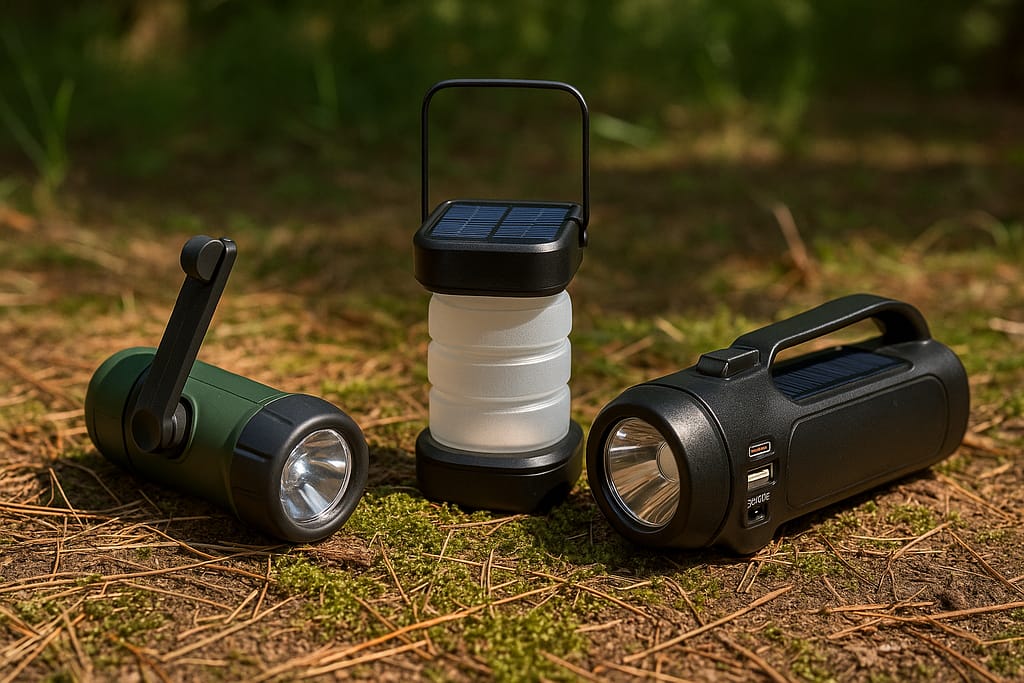 Lampe dynamo ou solaire ? Le comparatif ultime des meilleures lampes de survie une lampe dynamo et une lampe solaire posées côte à côte sur un tronc en forêt, allumées