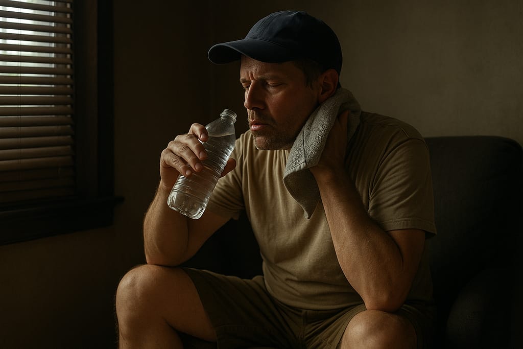 Survivre à une vague de chaleur extrême : hydratation et protection une personne assise dans une pièce sombre avec volets fermés, utilisant une serviette humide sur la nuque et buvant de l’eau.