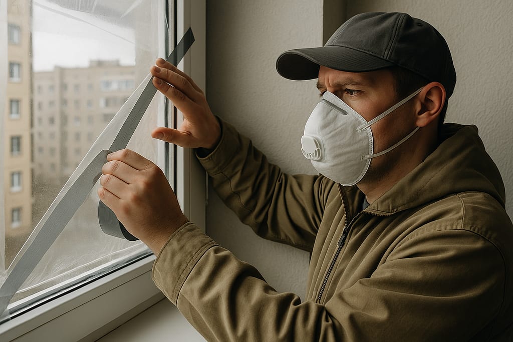 Fuite radioactive ou accident chimique : gestes vitaux et protection immédiate une personne scotchant une fenêtre tout en portant un masque FFP2, ambiance réaliste et urbaine.