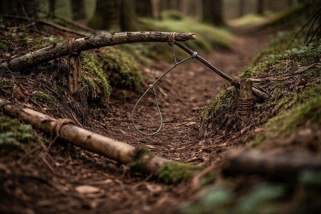 Pièges de survie passifs : capturer sans surveillance ni énergie Piège passif simple en forêt, discret, intégré au terrain, avec un couloir de passage naturel visible