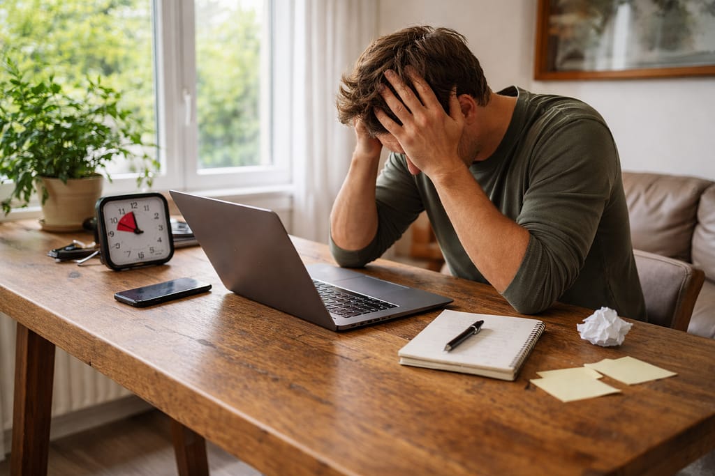 Procrastination sous stress : pourquoi tu bloques et comment relancer en 10 minutes Scène réaliste : une personne devant un ordinateur portable, minuteur visible (sans texte lisible), téléphone retourné, posture concentrée, lumière naturelle. Ambiance : “je relance”, pas “je subis”.