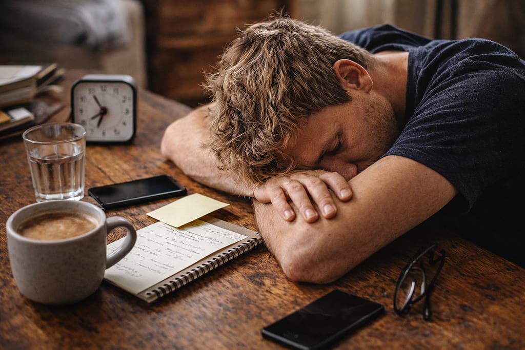 Fatigue nerveuse : les signes qui trompent (et comment récupérer sans “vacances miracles”) Scène réaliste, lumière naturelle : une personne assise à une table, carnet ouvert avec une liste courte (non lisible), tasse, posture fatiguée mais calme, ambiance “je récupère intelligemment”. Pas dramatique.