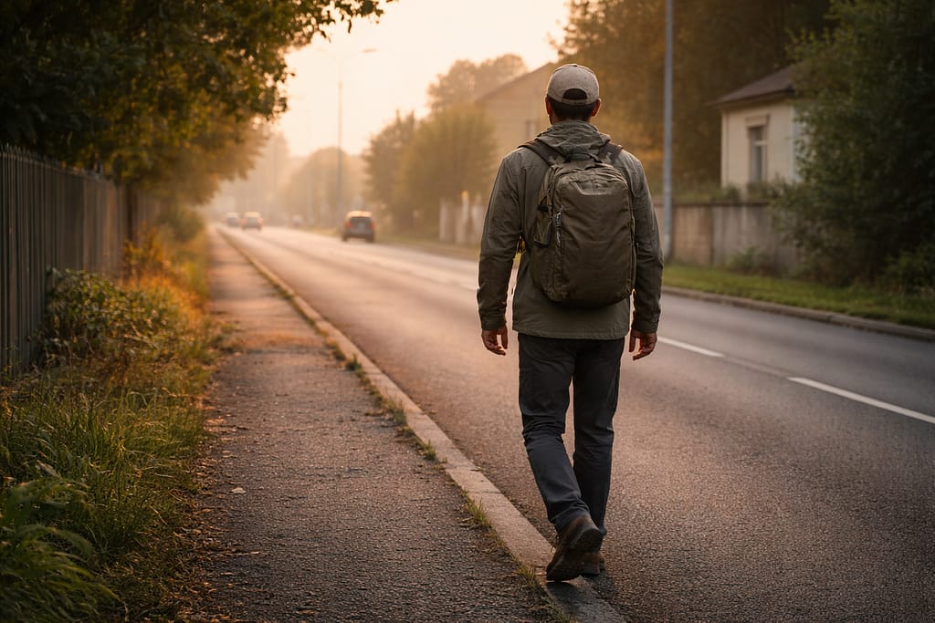 Se déplacer discrètement en situation d’évacuation : itinéraires et comportements Scène réaliste : une personne en tenue neutre marche en bordure d’une route secondaire au lever du jour, sac sobre, environnement urbain ou périurbain calme, aucun élément dramatique, impression de déplacement organisé.
