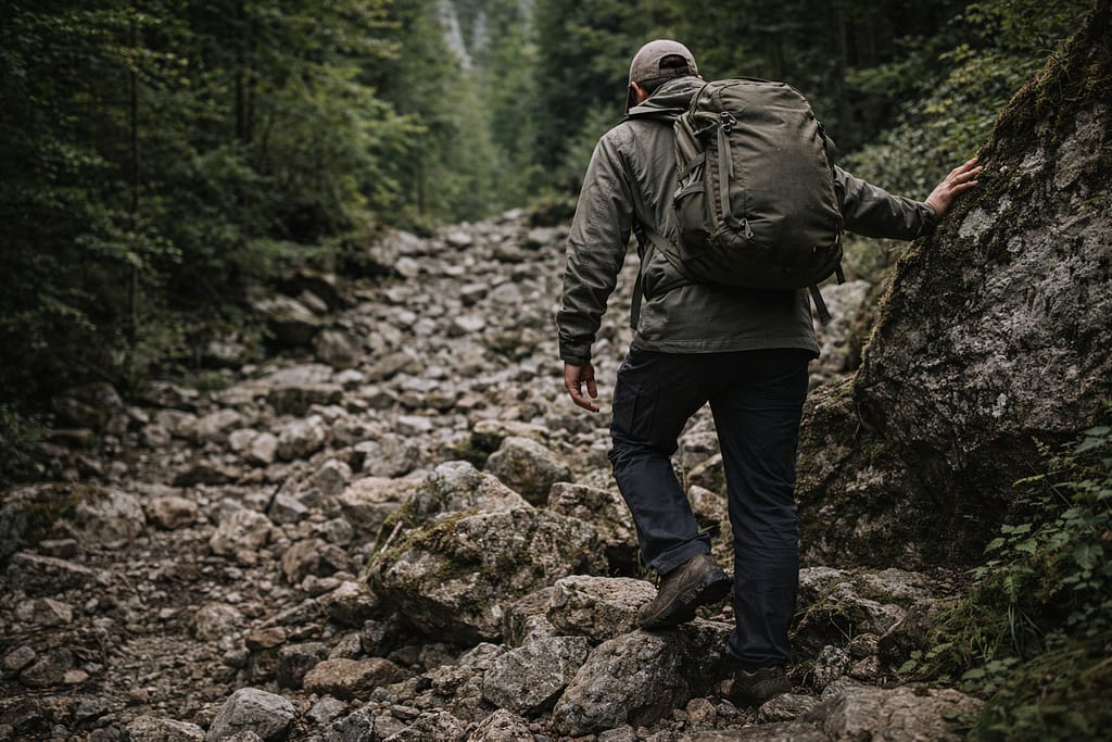 Franchir obstacles et terrains difficiles avec un sac lourd un marcheur en tenue neutre franchit un terrain caillouteux en forêt avec un sac lourd bien ajusté, posture stable, sans élément dramatique, ambiance d’effort contrôlé.