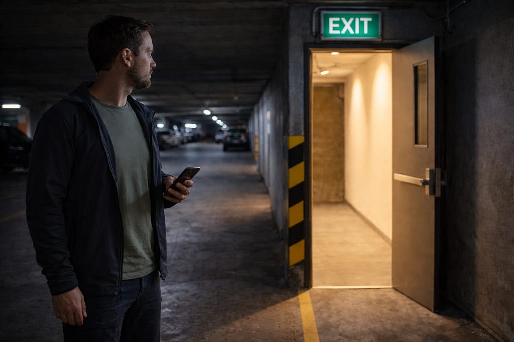 Se défendre sans arme en milieu confiné : principes et erreurs à éviter Scène réaliste : un couloir d’immeuble ou parking éclairé, une personne en tenue neutre se tient près d’une porte de sortie, posture stable, téléphone visible en main, ambiance calme, aucune violence, impression de vigilance.