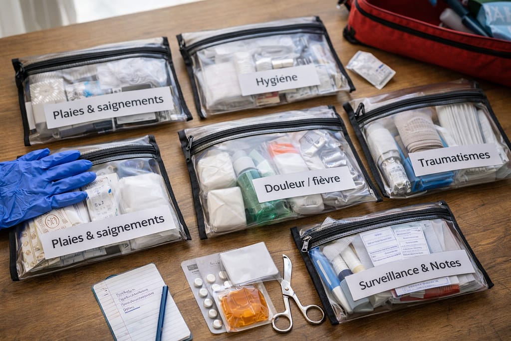 Constituer une trousse médicale autonome pour 3 mois de survie Scène réaliste : une trousse médicale organisée en pochettes (modules) sur une table, gants, compresses, bandes, thermomètre, carnet, le tout rangé proprement, lumière naturelle, ambiance calme et “prêt à l’emploi”.