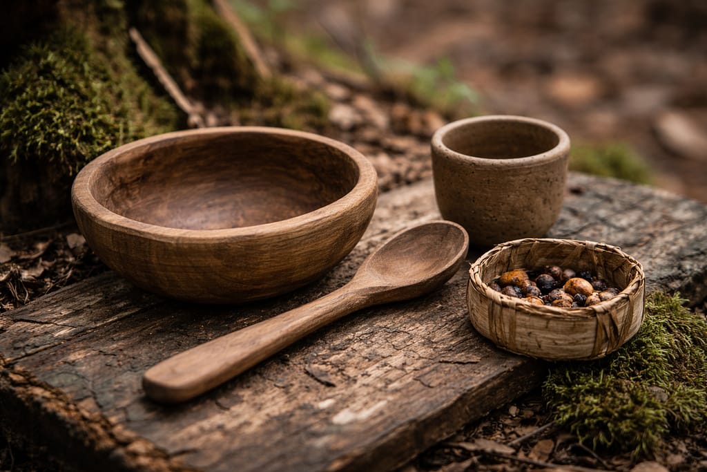 Fabriquer de la vaisselle de survie avec des matériaux naturels Un petit ensemble de vaisselle de survie (bol en bois, cuillère en bois, petit gobelet en argile), posé sur une table improvisée en forêt, ambiance réaliste, sans objets modernes visibles.