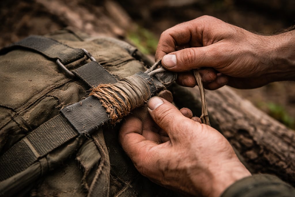 Réparer vêtements et équipements sans couture ni outils modernes Scène réaliste en extérieur : mains effectuant une réparation sur une sangle de sac avec une bande de tissu et une cordelette, matériel minimal, lumière naturelle, aucun objet moderne visible.