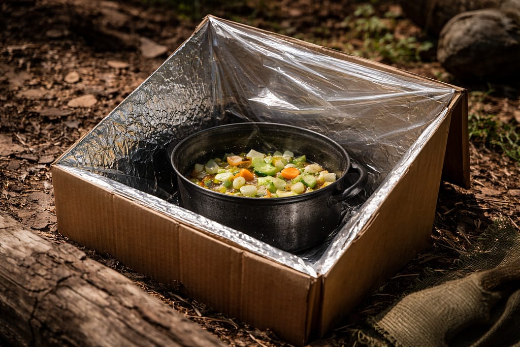 Cuisson sans feu : techniques sûres pour manger en situation de survie Scène réaliste en extérieur : un dispositif de cuisson solaire improvisé (récipient sombre dans une boîte isolée avec réflecteur), aliments en préparation, aucun feu visible, ambiance discrète.