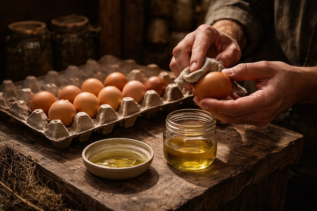 Conserver les œufs plusieurs mois sans réfrigération : méthodes éprouvées Scène réaliste en cave ou cellier : œufs non lavés rangés en carton, un œuf en train d’être huilé avec un chiffon, lumière douce, ambiance stockage long terme, aucun élément moderne visible.