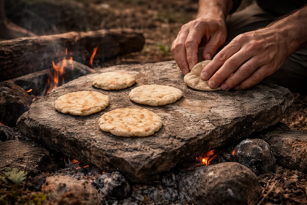 Cuisiner et manger sans ustensiles : techniques primitives réellement efficaces Scène réaliste en extérieur : préparation de galettes rustiques à la main sur une pierre plate chauffée, aucun ustensile visible, ambiance primitive et discrète.